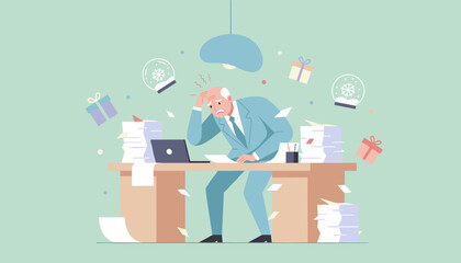 Stressed businessman overwhelmed by holiday work deadlines and paperwork pileup Vector illustration