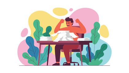 Stressed office worker overwhelmed by huge piles of paperwork and crushing workload