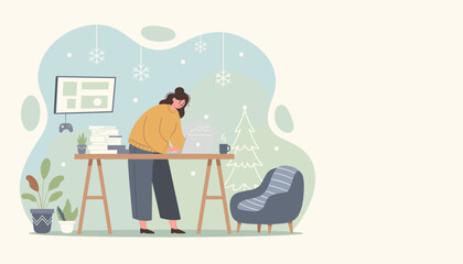 Busy woman working on laptop at home office during the winter season Remote work illustration