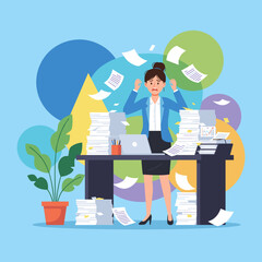 Overwhelmed employee drowning in paperwork and excessive office workload