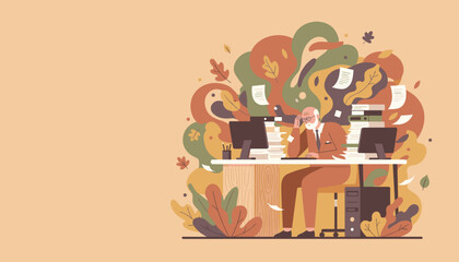 Overwhelmed senior man buried in paperwork and stressful autumn workflow illustration