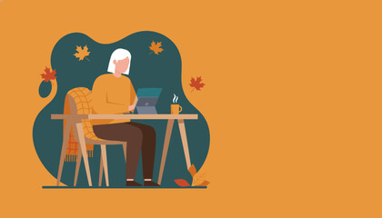 Senior person working on laptop at home Cozy autumn remote work illustration