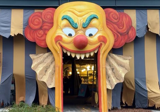 Part of a circus tent decoration with a large clown face entrance showing painted details and fabric panels around the opening captured in daylight as an exterior element of the attraction