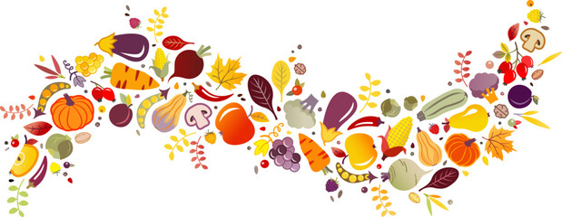 Red autumn fruit & vegetable food banner - healthy & colourful vegetarian/vegan produce, seasonal thanksgiving or harvest concept; root vegetables, pumpkins & squash; gardening & healthy eating.
