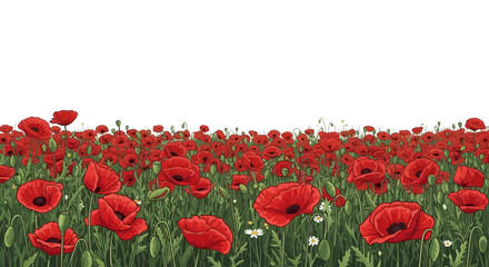 Obraz premium Field of red poppy flowers with green stems against a white background.