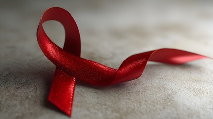 Bright red awareness ribbon rests on a textured, neutral surface