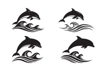 Four silhouetted dolphins leaping over stylized waves