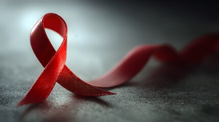 Single red awareness ribbon rests upon a dark textured surface in a close up view