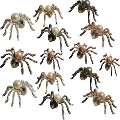 Group of Realistic Toy Spiders on White Background.
