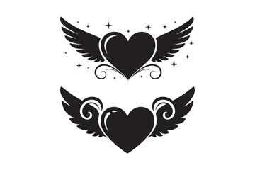 Two stylized black hearts with angelic wings and swirls