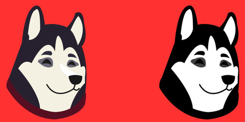 Husky Dog Head Vector Illustration - Color and Black Silhouette Set