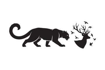 Silhouette of a panther and a deer with birds in a minimalist style