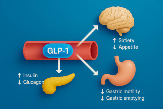 Illustration of GLP-1 hormone effects on appetite, satiety, and gastric functions, depicting pancreas, brain, and stomach interactions