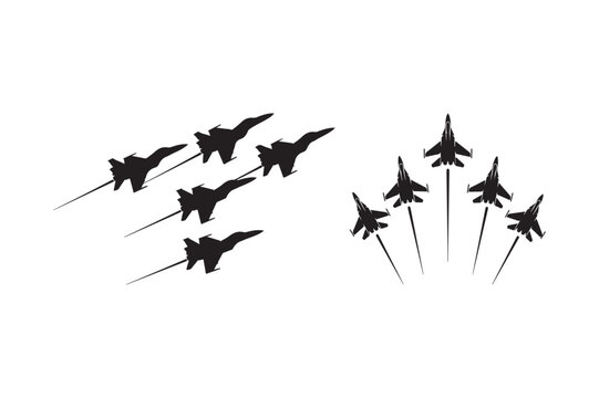Silhouette of fighter jets in aerial formation against a white background