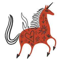 Vector and jpg image clip-art of groovy celestial tattooed festive unicorn New Year red fire horse symbol, editable isolated details, Scandinavian stylized ornate horse, dry brush effect. Whimsical