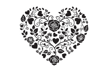 Intricate black floral heart design with roses and leaves