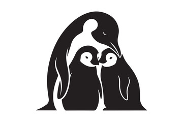 Stylized black and white illustration of a penguin family