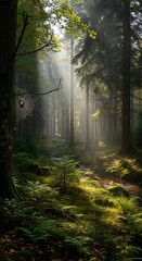Sunlit Forest Path - A Serene Morning Walk Through Natures Embrace.