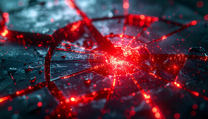 Shattered Reality: A mesmerizing view of a shattered surface with an abstract design and a network of crimson veins, symbolizing disruption and potential.