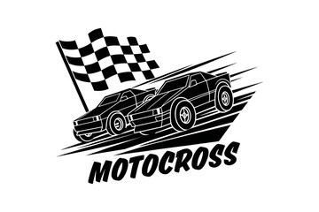 Motocross vector illustration with dual racing cars, side-by-side placement, prominent checkered flag, MOTOCROSS text, and black-and-white design elements on white background, perfect for motorsport 