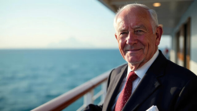 Distinguished senior man in formal suit enjoying cruise ship vacation, embodying active pensioner recreation concept. copy space, free space for text
