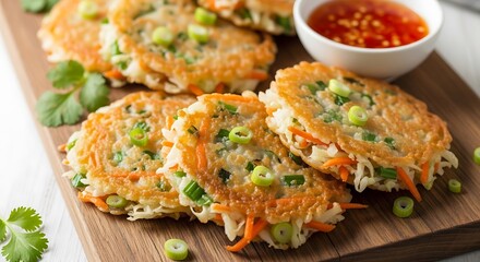 Delicious Vegetable Fritters with Dipping Sauce on Wooden Board.