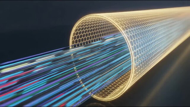 Secure data transfer through a glowing fiber optic cable with a hexagonal shield	
