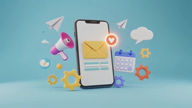 Cartoon style mobile phone with message,calendar,megaphone,and gears on light blue background animation
