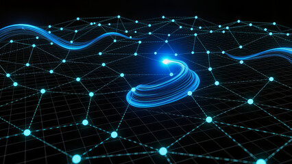 Futuristic digital network with glowing blue nodes and dynamic flowing data streams over black grid, abstract AI or quantum computing background