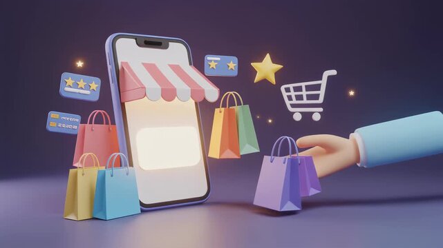 Online shopping experience on smartphone with shopping bags and cart surrounded by reward stars rendered in 3d
