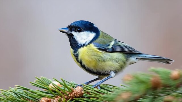 great tit bird eating pine nut on branch close-up video