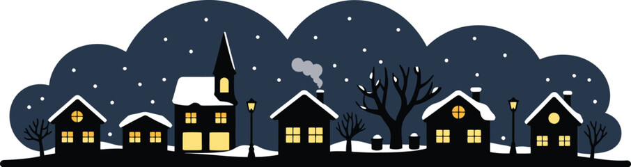 Fototapeta premium Cozy winter village silhouette with falling snow dark night sky and glowing building windows