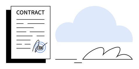 Signed contract paper beside cloud shape, symbolizing digital agreements, technology use, and secure storage. Ideal for business, legal, digital transformation, cloud computing, workflow