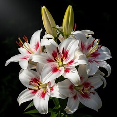 Elegant White Lilies with Crimson Accents in a Dark Setting.