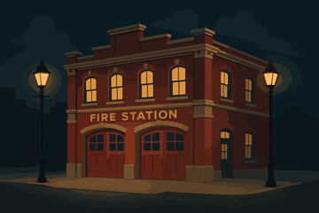 Red brick old-fashioned fire station with glowing windows and twin street lamps in a nighttime setting.