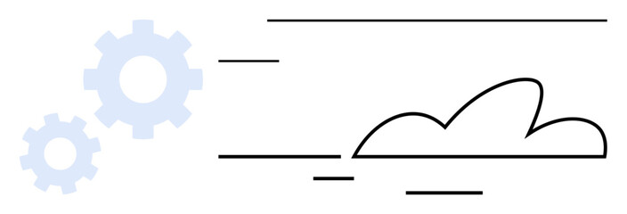 Gears and cloud silhouette with speed lines represent technology, collaboration, innovation, and fast processes. Ideal for efficiency, business, teamwork, IT, automation progress simple flat