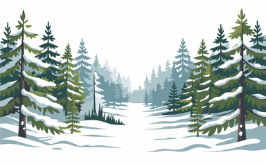 Obraz premium Winter forest landscape vector illustration snowy path receding into misty dense woods