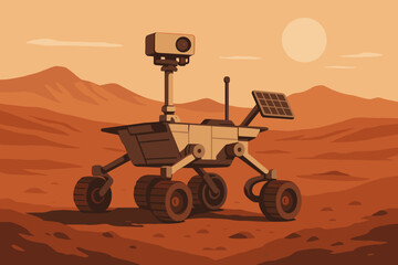 Mars exploration rover on rugged terrain with a panoramic camera and solar panels under a dusty red sky.