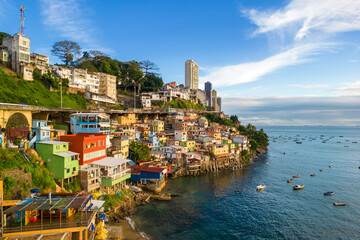 Colorful Houses on the Coast of the All Saints Bay and Salvador Cityscape in Northeastern Brazil