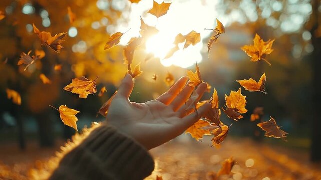 inspired girl enjoying autumn sunshine park and playing with leaves video slow motion