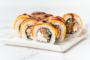 Sushi roll with salmon,  avocado and tuna. Sushi set served on the white plate next to red ginger with wooden sticks on the white background