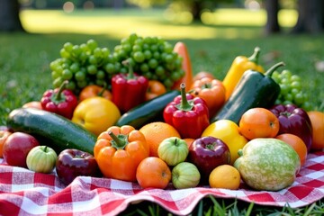 Vibrant display of fruits and vegetables in a geometric pattern on a picnic blanket at the park