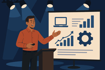 Young male presenter in an orange shirt giving a presentation with statistical charts on a projector screen.