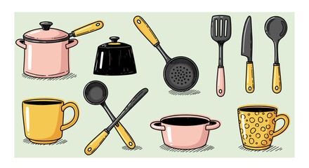 Various kitchen utensils and cookware, including pots, pans, mugs, and utensils, depicted with colorful handles on a light background.