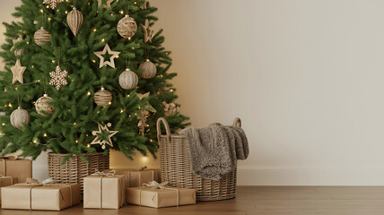 Cozy christmas tree with gifts and warm blanket in a basket, festive holiday decor
