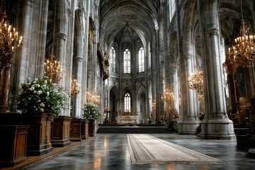 Fototapeta premium Gothic architecture interior with ornate chandeliers and intricate stone details showcasing elegance
