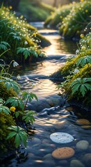 Sunlit Stream - A Serene Forest Flow.