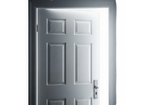 Mysterious open door casting light into darkness symbolizing opportunity unknown futures transparent background