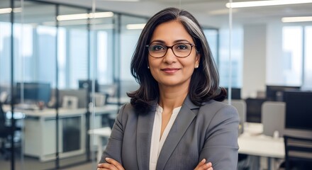 Portrait of a woman in a gray blazer with her arms crossed in a modern office setting with glasses