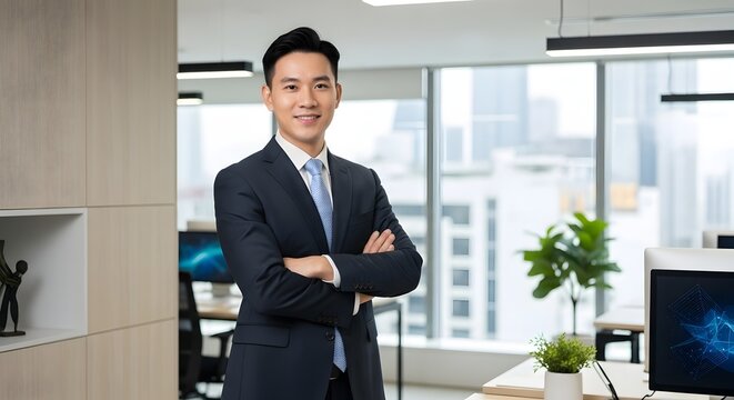 Portrait of a smiling man in a suit standing with arms crossed in a modern office setting area view